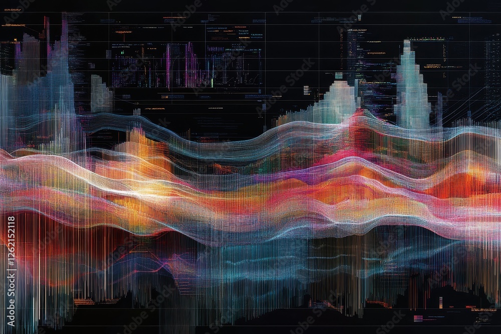 Poster colorful abstract data mining visualization showcasing complex patterns and trends in dynamic datase