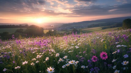 Fototapeta premium Sunrise over wildflowers, valley village, idyllic landscape, nature scene, travel
