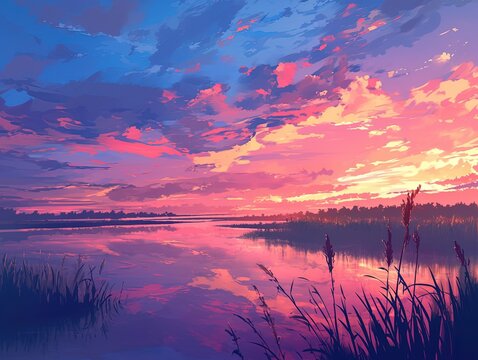 Pink sky sunset reflects on still lake, dark shore, tall reeds in foreground