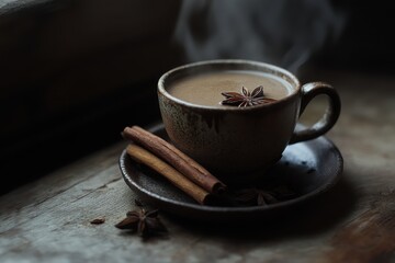 Steaming spiced chai with star anise and cinnamon on rustic wooden table.