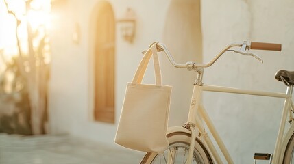 Soft sunlight illuminates vintage bicycle with stylish bag, crea