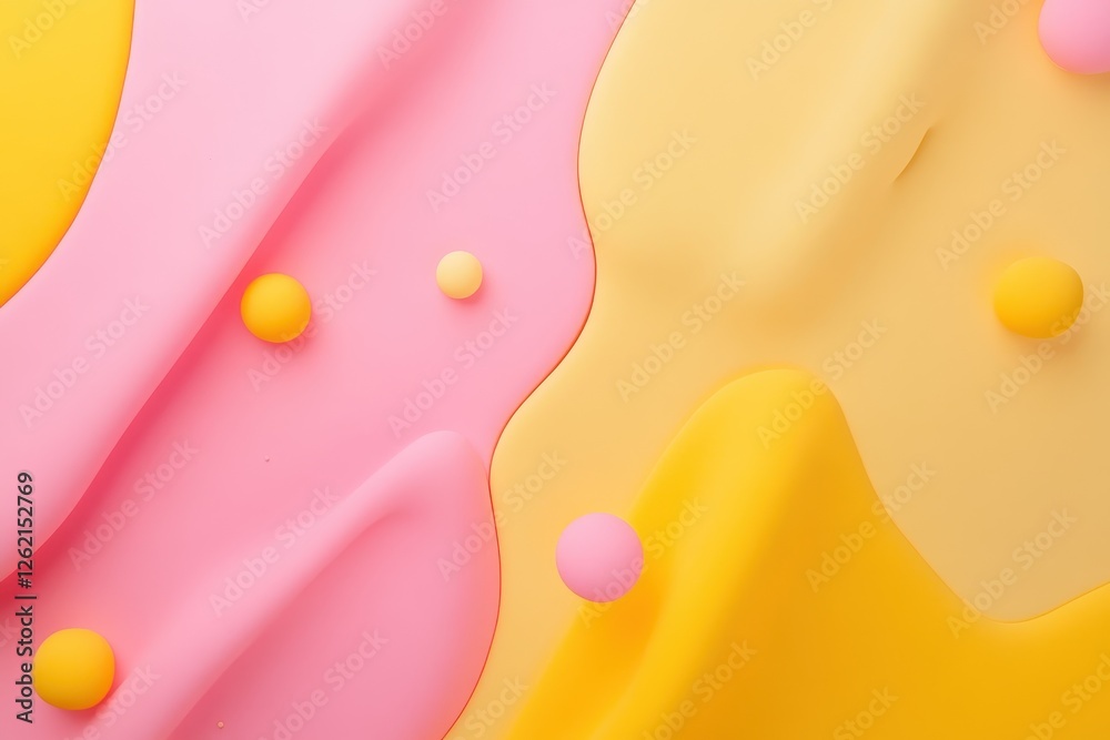 Poster Vibrant pink and yellow shapes create a lively abstract design with playful movement, pink and yellow shapes moving