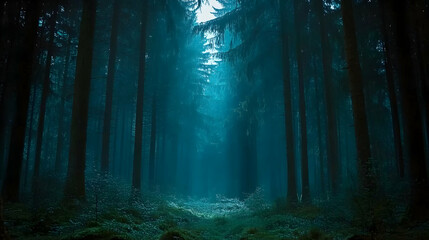 Obraz premium Enigmatic dark forest path, shrouded in mist, tall trees creating a mystical atmosphere. Perfect for fantasy, mystery, or adventure themes.