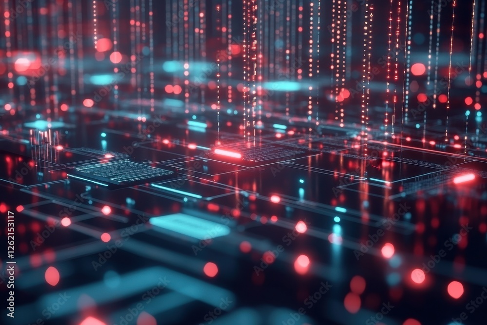 Poster digital data processing connects through illuminated nodes and dynamic lines in a futuristic network