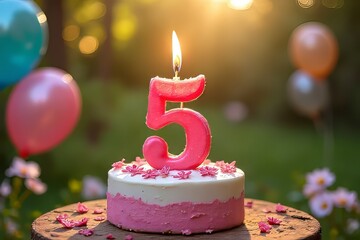Adorable 5th Birthday Cake with Pink Decorations Outdoors