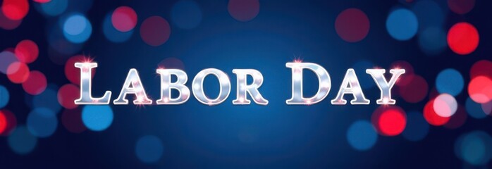 Shiny silver labor day sign on festive bokeh background banner
