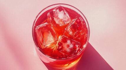 Refreshing pomegranate cocktail with ice cubes on a pink background