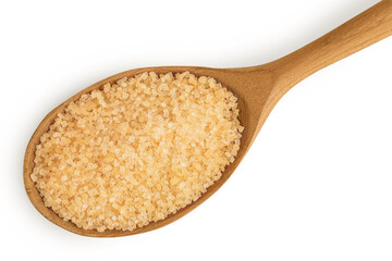 The brown sugar in wooden spoon isolated on white background. Top view. Flat lay