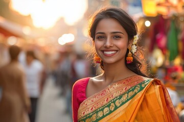 A young Indian woman wearing a bright, traditional saree, smiling confidently while walking in a bustling market street