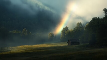 A scenic view of a rainbow descending into a foggy valley, with a small wooden cabin in the distance,