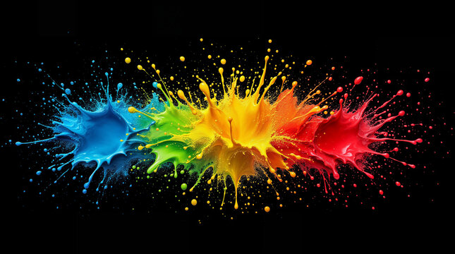 Farbenfrohe Farbspritzer auf schwarzem Hintergrund in leuchtenden T&ouml;nen