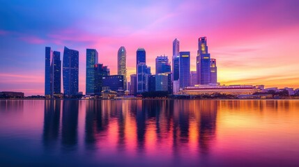 Fototapeta premium Singapore skyline reflected in the water at a colorful sunset