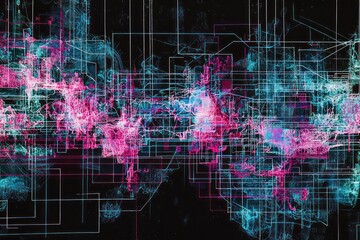 Neon pink and cyan gridlines interweave into complex waveforms, glowing brightly against a digital black backdrop.