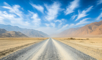 Fototapeta premium Scenic desert road vanishing point, majestic mountains under a vibrant blue sky with wispy clouds. Perfect for travel, adventure, freedom concepts.