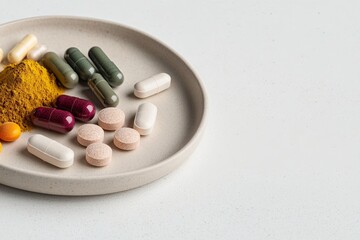 Colorful assortment of supplements and herbs on minimalist plate