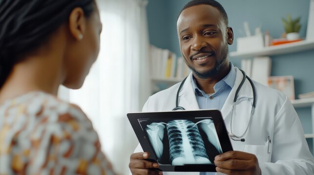 A doctor using a tablet to show a patient their X-ray results,