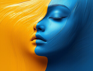 Two faces in vibrant blue and orange textures blend harmoniously, symbolizing duality and connection in art