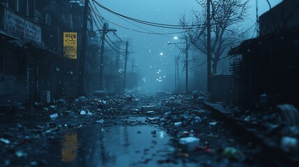 Fototapeta premium Abandoned urban street at night, littered with garbage, under a misty, blue atmosphere