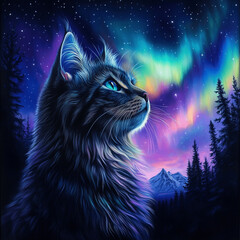 forest Norwegian cat gazing in awe at the mesmerizing Northern Lights