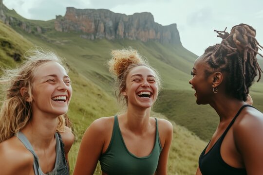 A group of friends laughing during a wellness retreat in nature, - Powered by Adobe