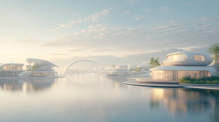 Modern architecture blends with serene waters, showcasing futuri