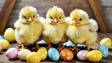 Cute Yellow Chicks and Colorful Eggs Create a Festive Atmosphere in Springtime Celebration