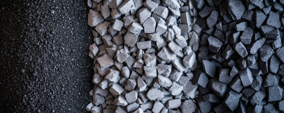 Macro shot of asphalt aggregate gradation analysis, showcasing fine, medium, and coarse particles. textures and colors create striking visual