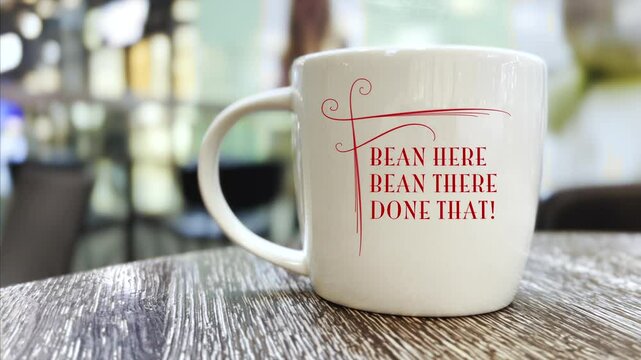 Coffee mug quote fades onto cup in city cafe reads Bean here, Bean there, Done that