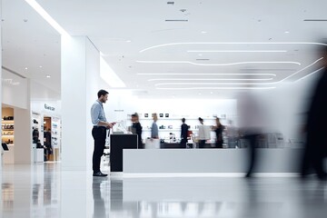 Fototapeta premium Modern office interior showcases sleek design, bright lights, an
