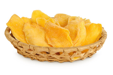 dried mango in a wicker basket isolated on white background