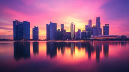 Singapore skyline glows beautifully during sunset reflecting on water