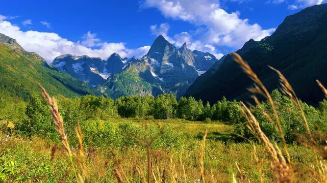Teberdinsky Nature Reserve. View of Kosygin's glade in the Gonachkhir gorge and the top of Dombai-Ulgen mountain near Lake Tumanly-Kel on a sunny summer day. Panoramic landscape. Resort. 4K