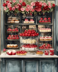 Charming Parisian Bakery Display Filled with Strawberries and Pastries