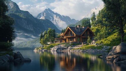 Fototapeta premium Serene lakeside cabin nestled in majestic mountain landscape