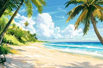 Obraz premium Coastal paradise with wild tropical sand and vibrant palm trees under a bright blue sky, Panoramic view of the coast of a wild, tropical, sandy beach surrounded by palm trees on a sunny day