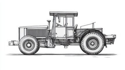 Obraz premium Detailed Sketch of a Classic Agricultural Tractor in Profile View