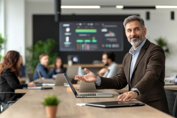 Indian corporate executive, analyzing blockchain technology trends on an interactive digital display in a futuristic office setting.