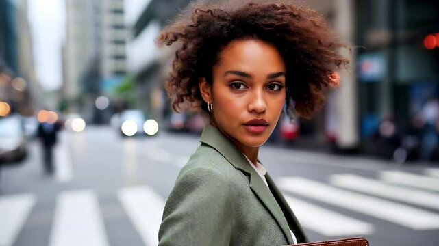 Young businesswoman walking in city street, holding a folder on blurred background