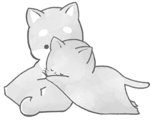 A black cat sleeping leaning on a black Shiba Inu
