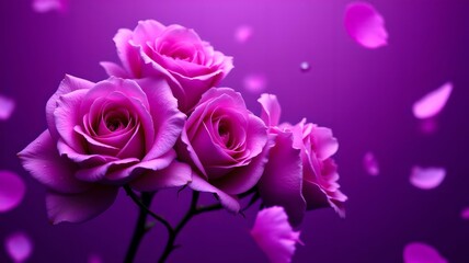 Bright pink orchids are gracefully arranged against a vibrant purple background, creating an elegant composition.