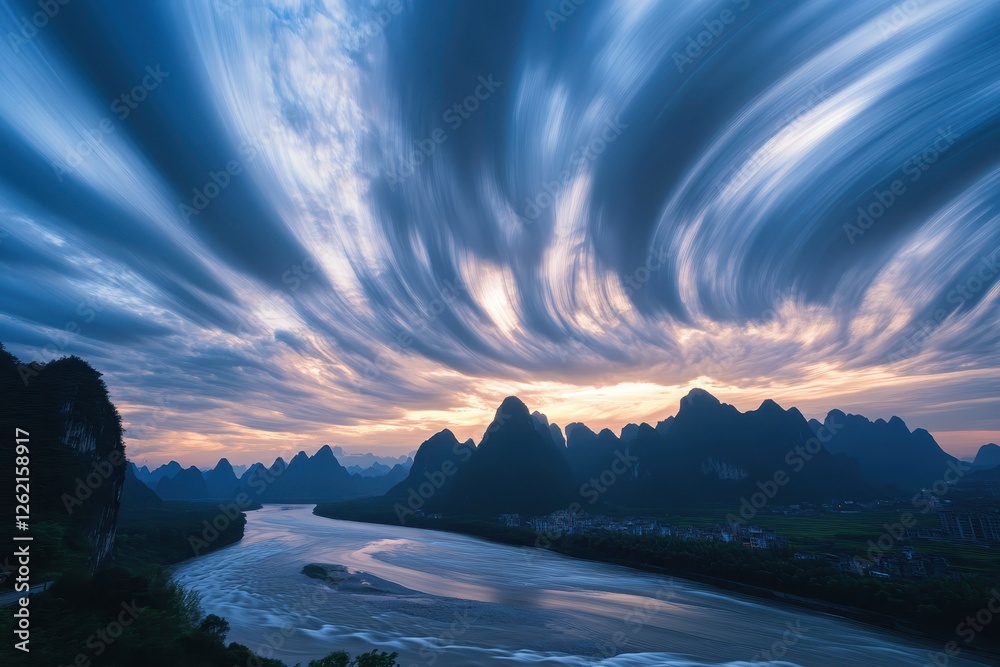 Poster Timelapse showcasing beautiful clouds flowing over the mountains at sunset, Time-lapse of beautiful clouds flowing over the mountains and a river in China