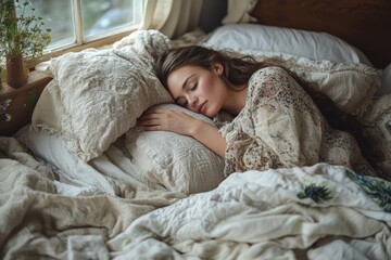 Happy husband and wife sleeping in hug on bed, enjoy good cozy morning together in bedroom interior, top view. Lifestyle in comfort home, Generative AI