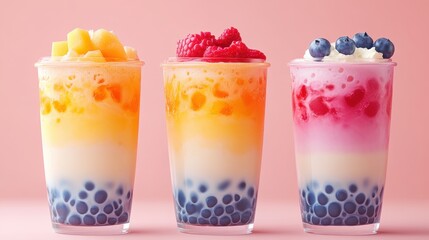 Colorful and refreshing fruit slushies with toppings in glass cups against a pink background