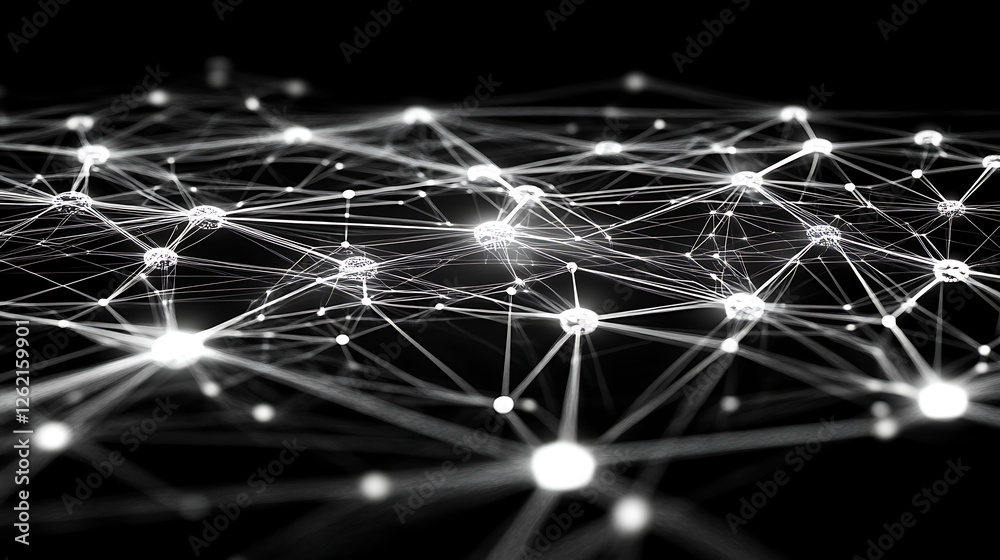 Poster network structure with interconnected nodes and lines emitting light on dark field visual render