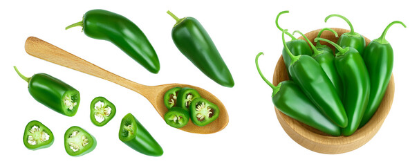 sliced jalapeno pepper in wooden bowl and spoon isolated on white background. Green chili pepper. Top view. Flat lay