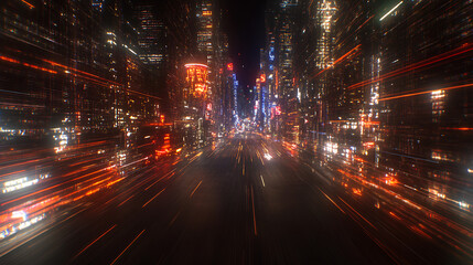 Fototapeta premium Night Cityscape Blur of Futuristic Urban Lights and Motion in a Modern Technological Hub Scenery