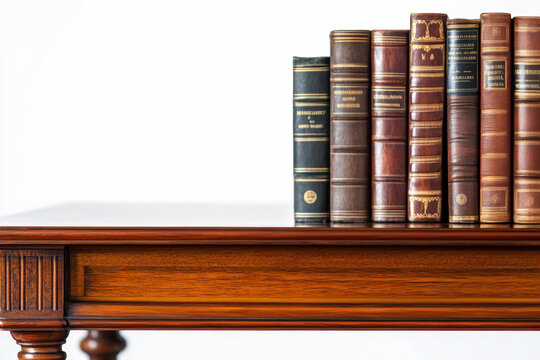 A collection of vintage hardcover books on an elegant wooden table against a white background, showcasing timeless literature and classic decor.
