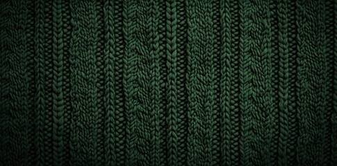 Fototapeta premium Detailed Close Up of a Deep Green Knitted Fabric Texture Showing Vertical Cable Knit Pattern