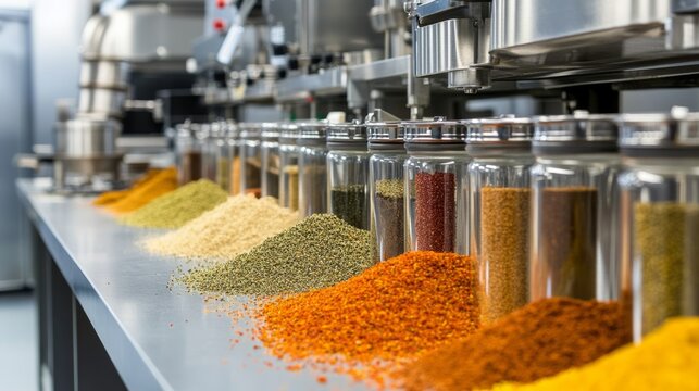 A seasoning innovation lab where food scientists create new flavor profiles, surrounded by state-of-the-art equipment,