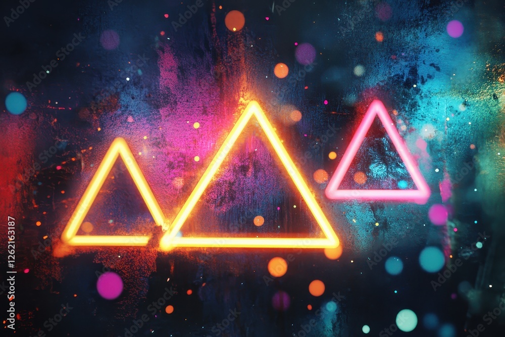 Poster vibrant neon triangles illuminated over colorful light spots in abstract background, neon triangles 